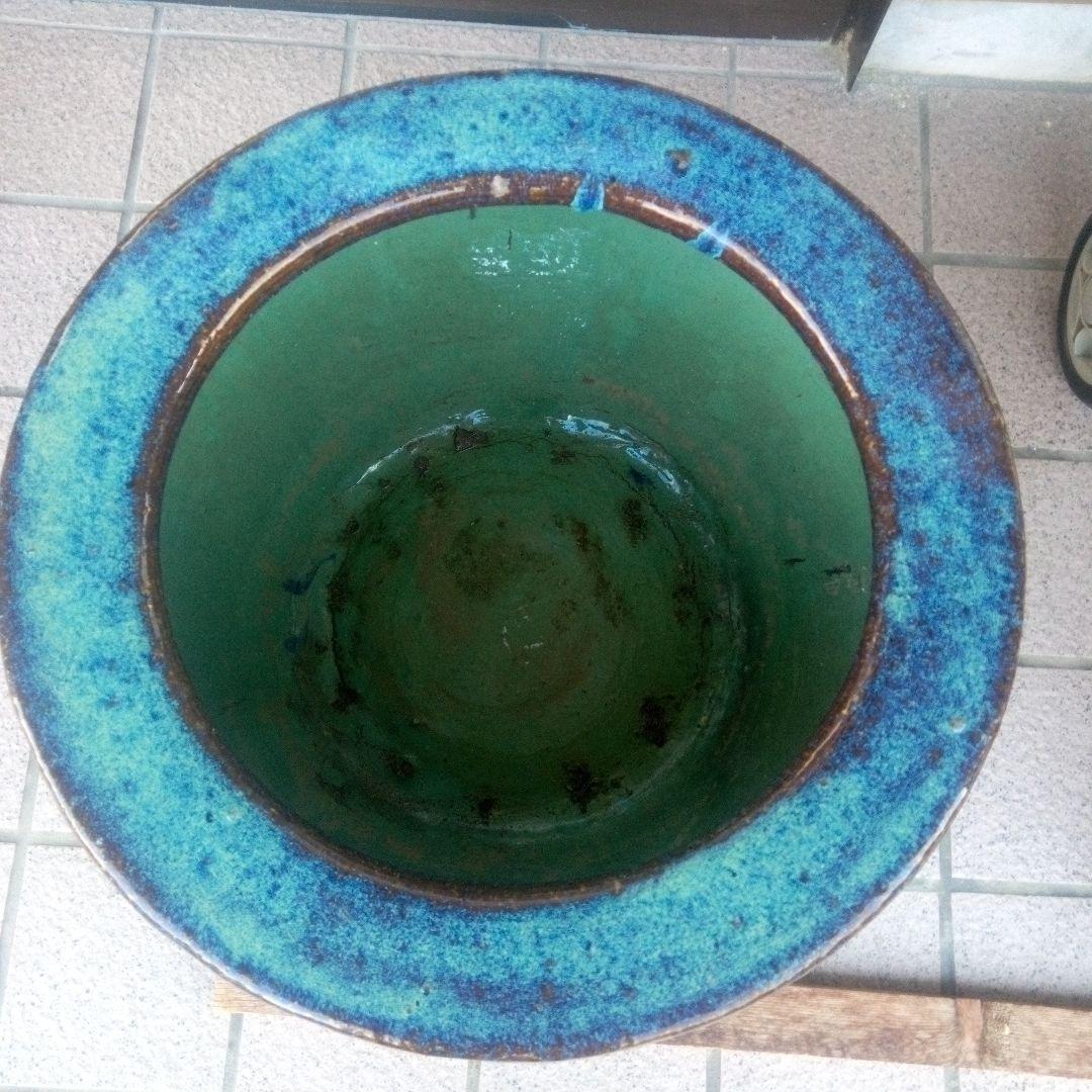 びばち　昭和レトロ　青緑陶器火鉢　夫婦火箸　五徳付き　葛明祥製　鼎泰昌