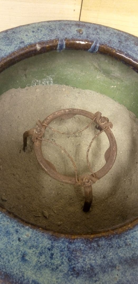 びばち　昭和レトロ　青緑陶器火鉢　夫婦火箸　五徳付き　葛明祥製　鼎泰昌