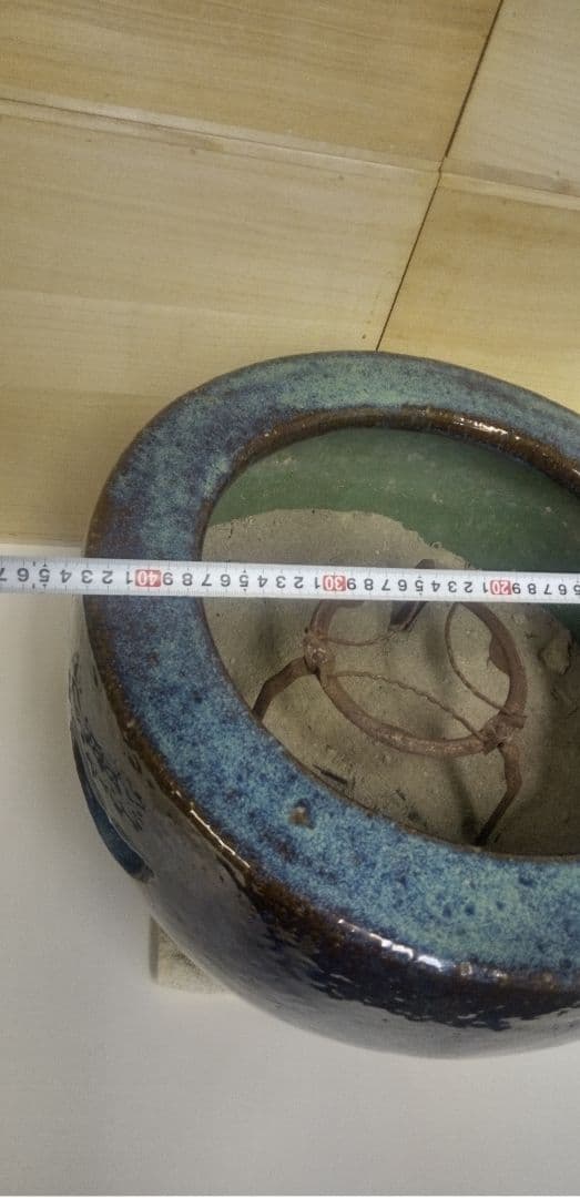 びばち　昭和レトロ　青緑陶器火鉢　夫婦火箸　五徳付き　葛明祥製　鼎泰昌