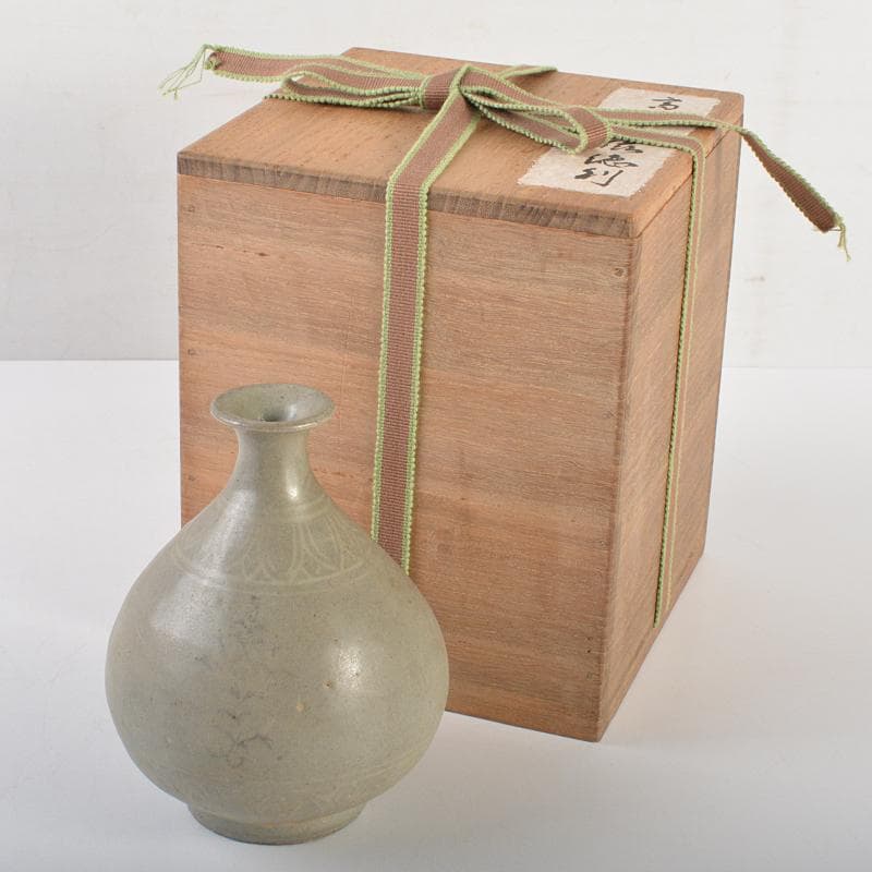 朝鮮美術　李朝　高麗青磁　象嵌花文　徳利　時代箱付　V　R7220