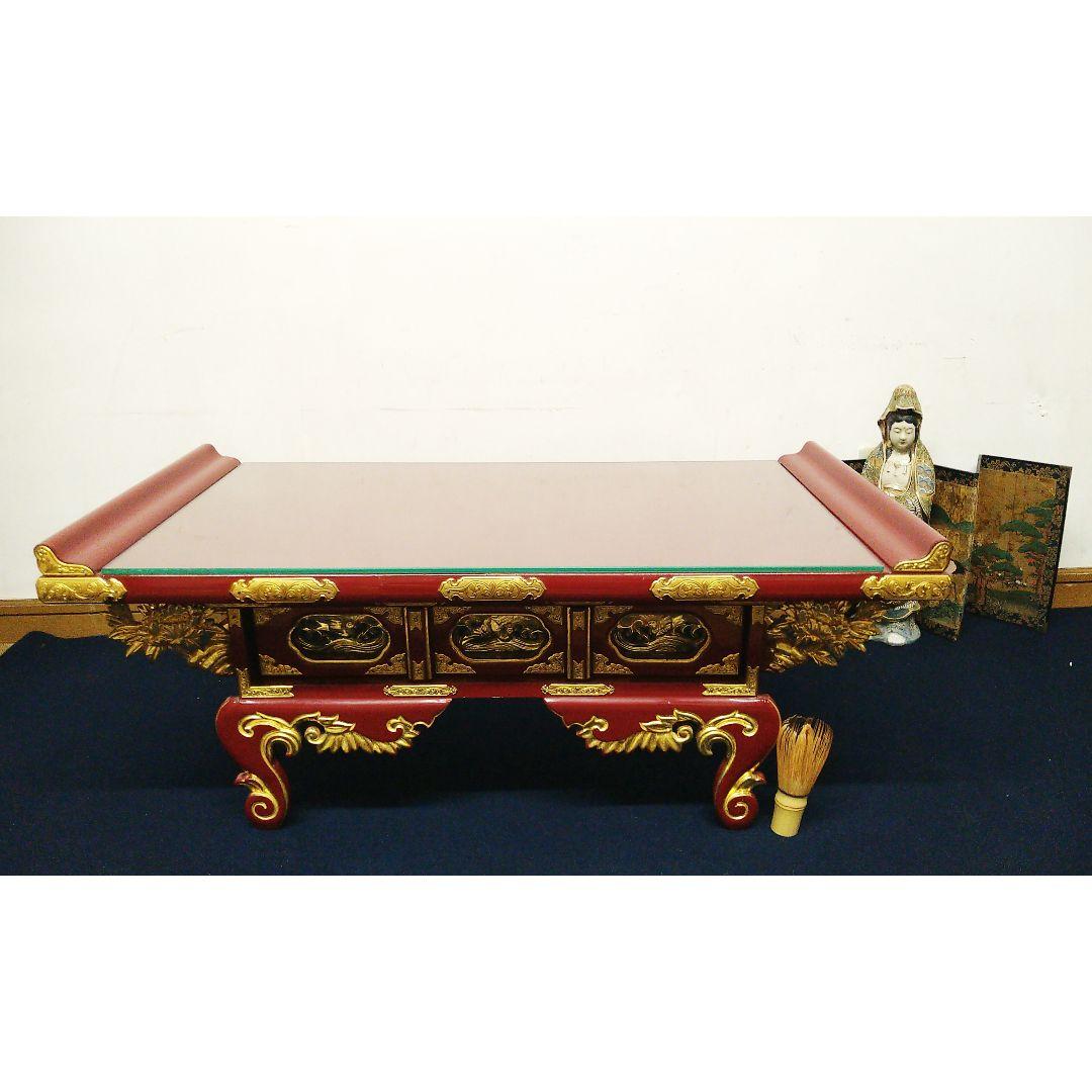 A729 経机 赤塗 朱塗 金箔鍍金 供物台 仏壇前机 木製 天板 ガラス付