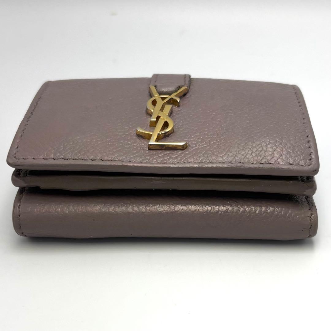 サンローラン 三つ折り財布 グレージュ レザー ゴールドロゴ コンパクトリペア品