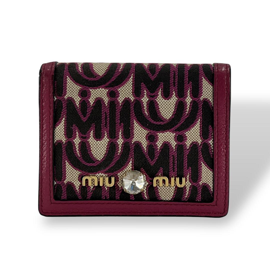ミュウミュウ　二つ折り財布　MMパリス　マドラス　ジャガード　ビジュー　ロゴ