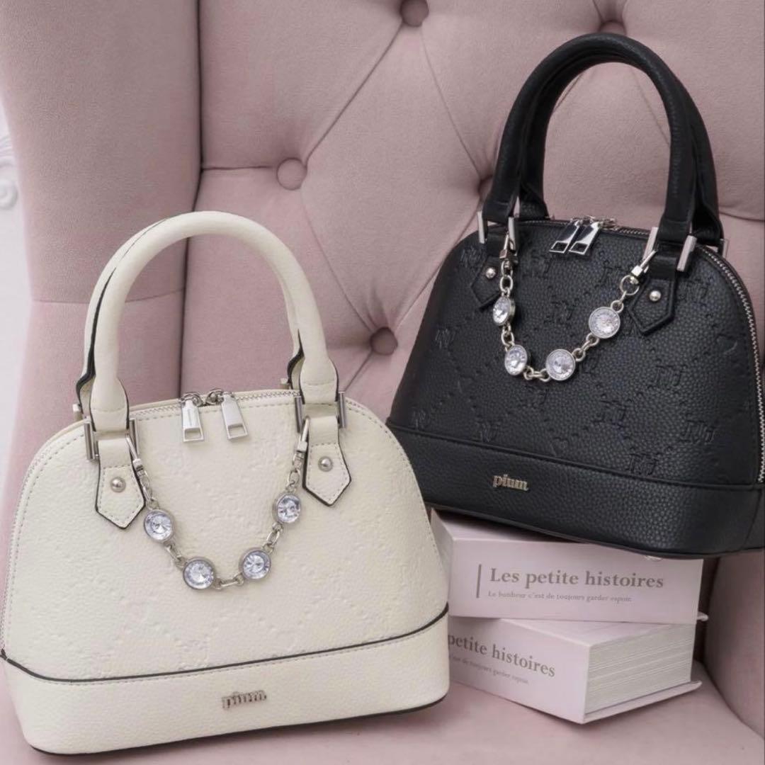 pium ピウム ビジュー付き モノグラムミニバッグ ブラック ベルト付き