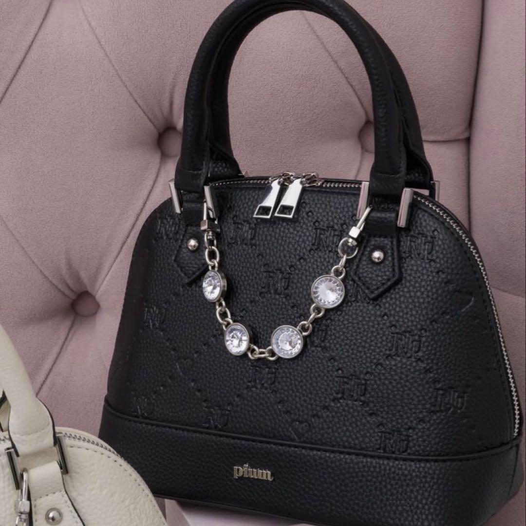 pium ピウム ビジュー付き モノグラムミニバッグ ブラック ベルト付き