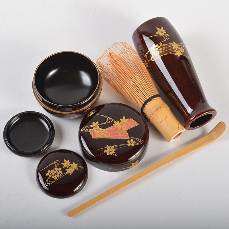茶道具　溜塗　花筏蒔絵　茶箱　茶碗　棗など　八点　一式　V　R7073