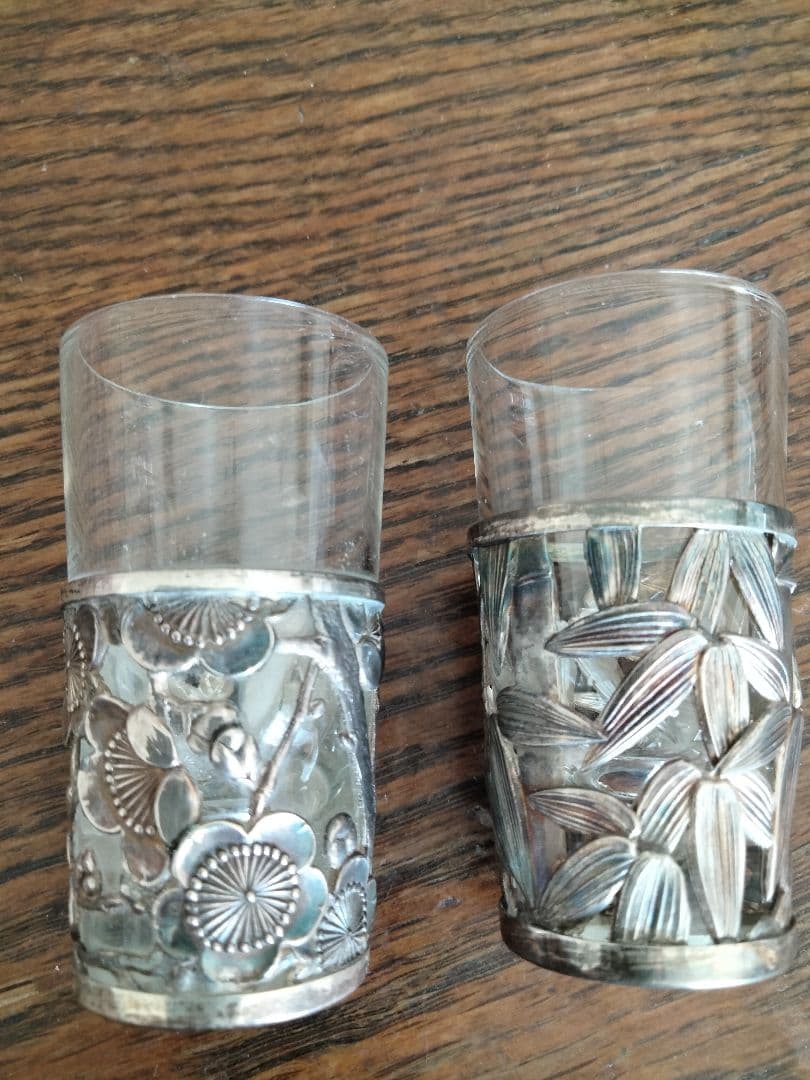 特別価格変更、匿名配送、和骨董、日本製、笹、梅、グラス二点セット