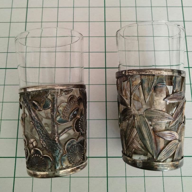 特別価格変更、匿名配送、和骨董、日本製、笹、梅、グラス二点セット