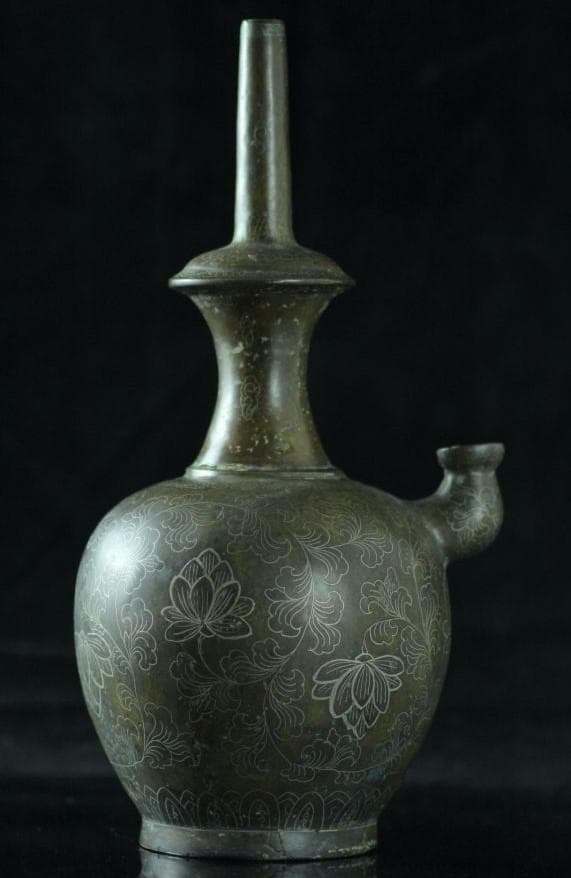 【国宝級】高麗李朝 青銅製銀象嵌 蓮華唐草紋浄瓶 検）新羅仏 仏像 統一新羅