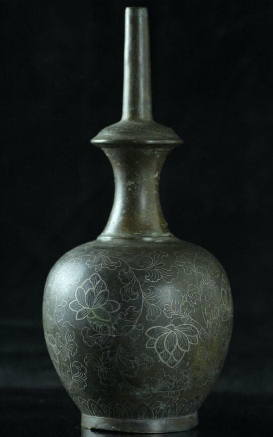 【国宝級】高麗李朝 青銅製銀象嵌 蓮華唐草紋浄瓶 検）新羅仏 仏像 統一新羅