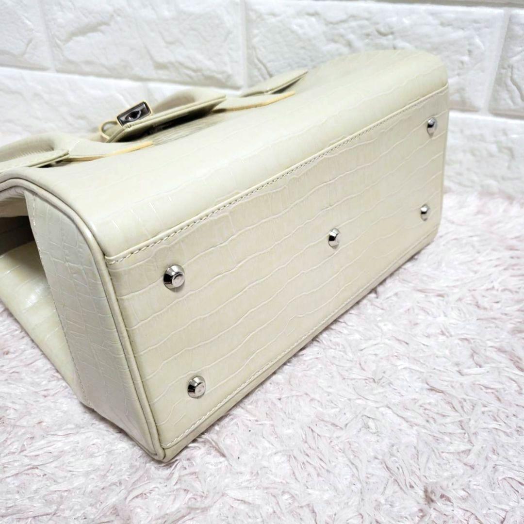 傳濱野 HAMANO 濱野 クロコ 型押しパールホワイト南京錠ハンドバッグ 美品