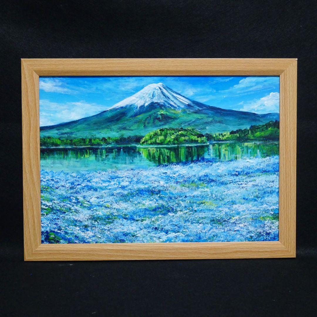 油絵 油彩 油彩画 絵 絵画 【ネモフィラと富士山】