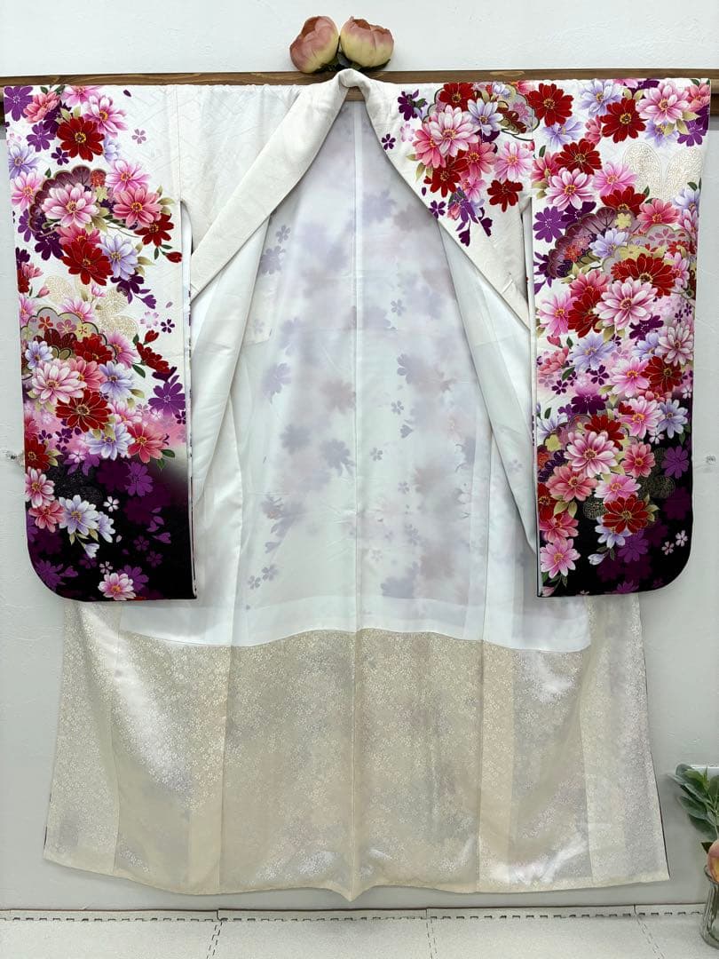 成人式　振袖フルセット　1139 白地　ピンク　紫花柄　正絹　振袖　格安！