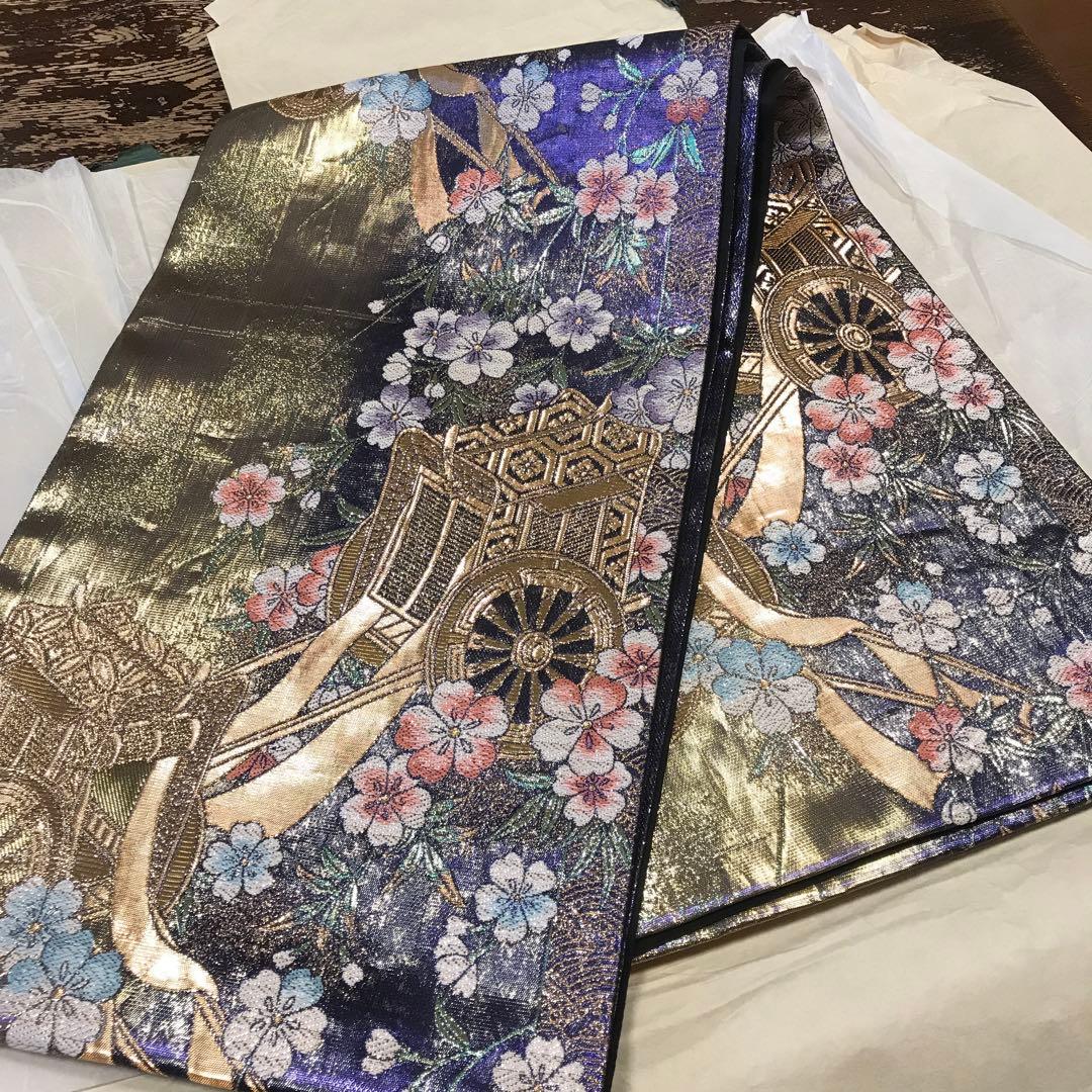 振袖用袋帯　御所車と桜　正絹　西陣袋帯　成人式に最適