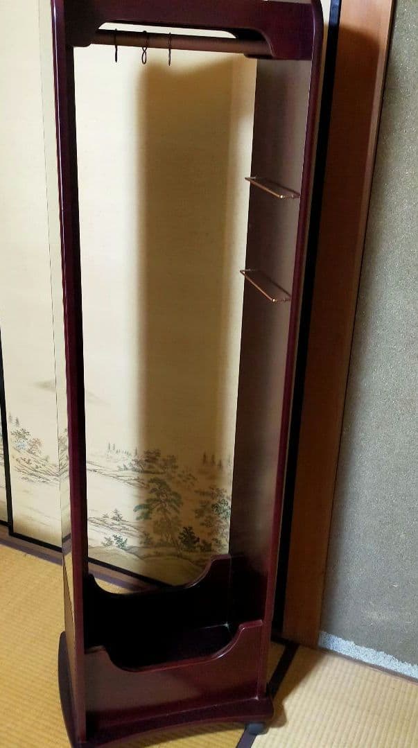 最終価格　希少　木製ハンガーラック　ミラー、キャスター付　最高級胴引　162cm