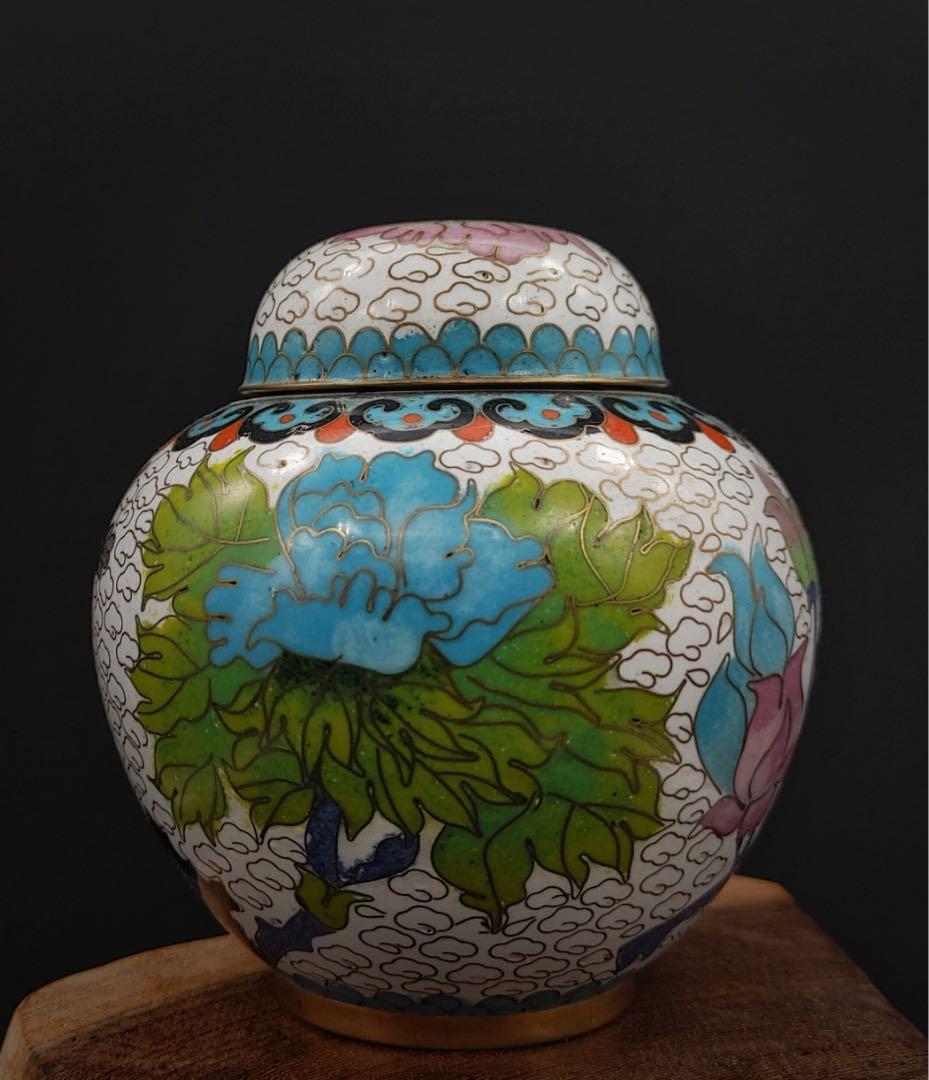 中國美術 古玩 景泰藍 花鳥紋樣白地 七宝焼 茶入 茶筒 茶道具