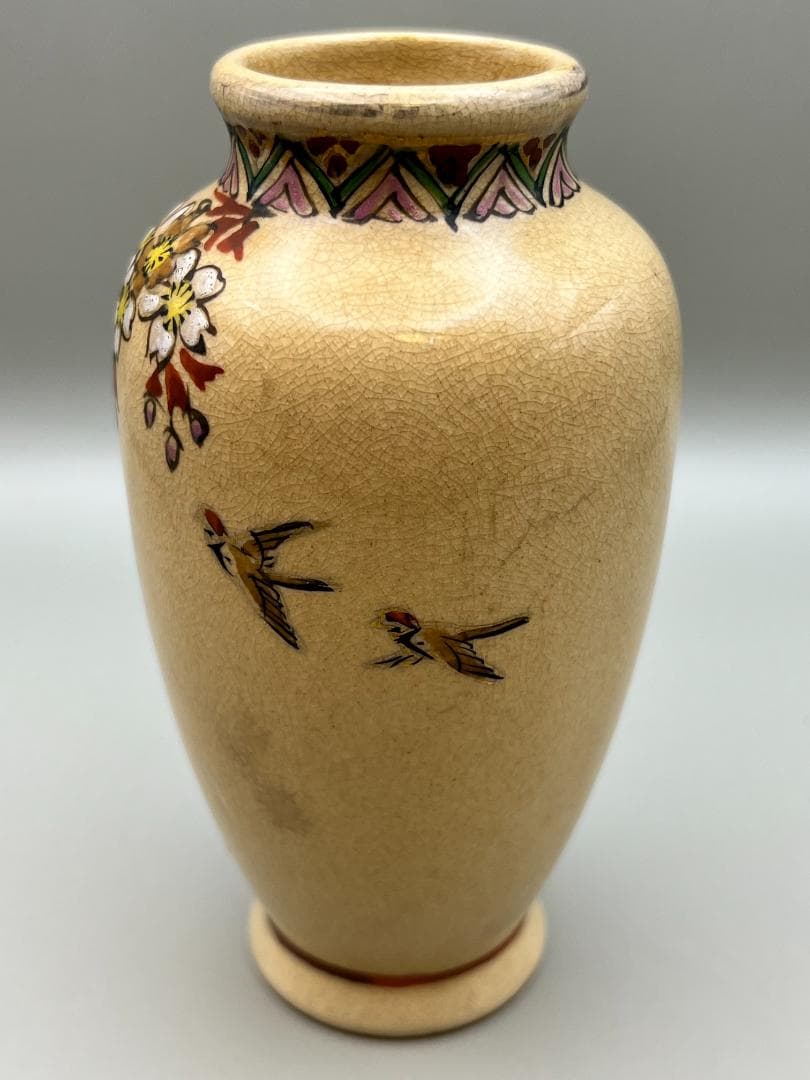 【海】江戸期　白薩摩　花鳥文花瓶　在銘　骨董品　時代品 美術品