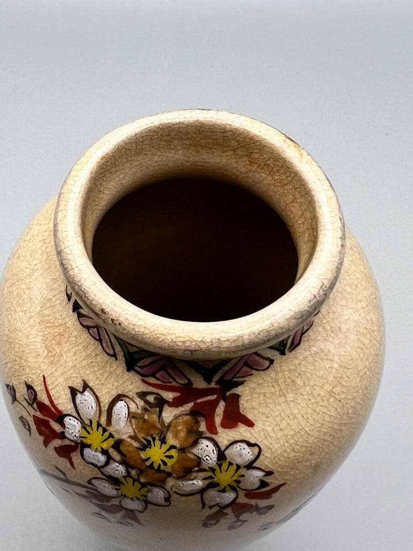 【海】江戸期　白薩摩　花鳥文花瓶　在銘　骨董品　時代品 美術品