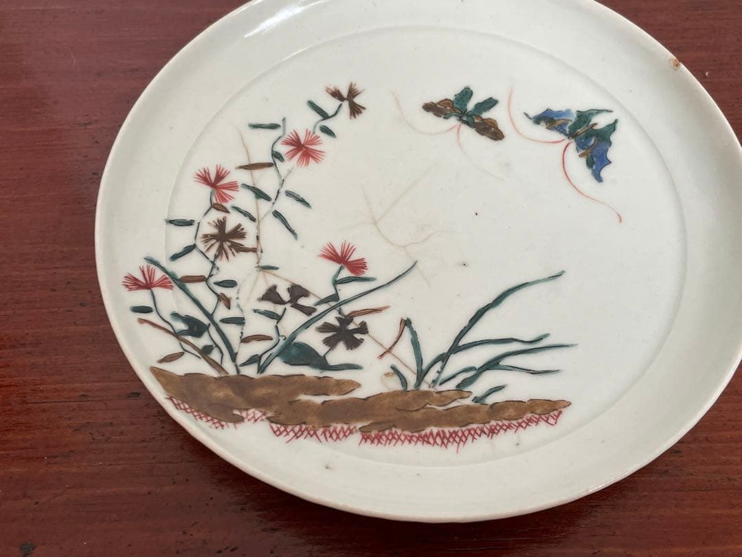 #1 骨董　アンティーク　色絵古九谷　撫子蝶々図　丸皿　五寸皿　角福　初期伊万里