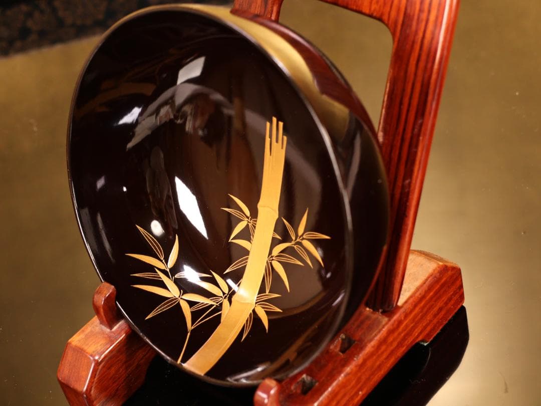 BK415　時代輪島塗　竹鶏図金蒔絵　吸物鶏　二客　木製　茶道具 懐石 会席