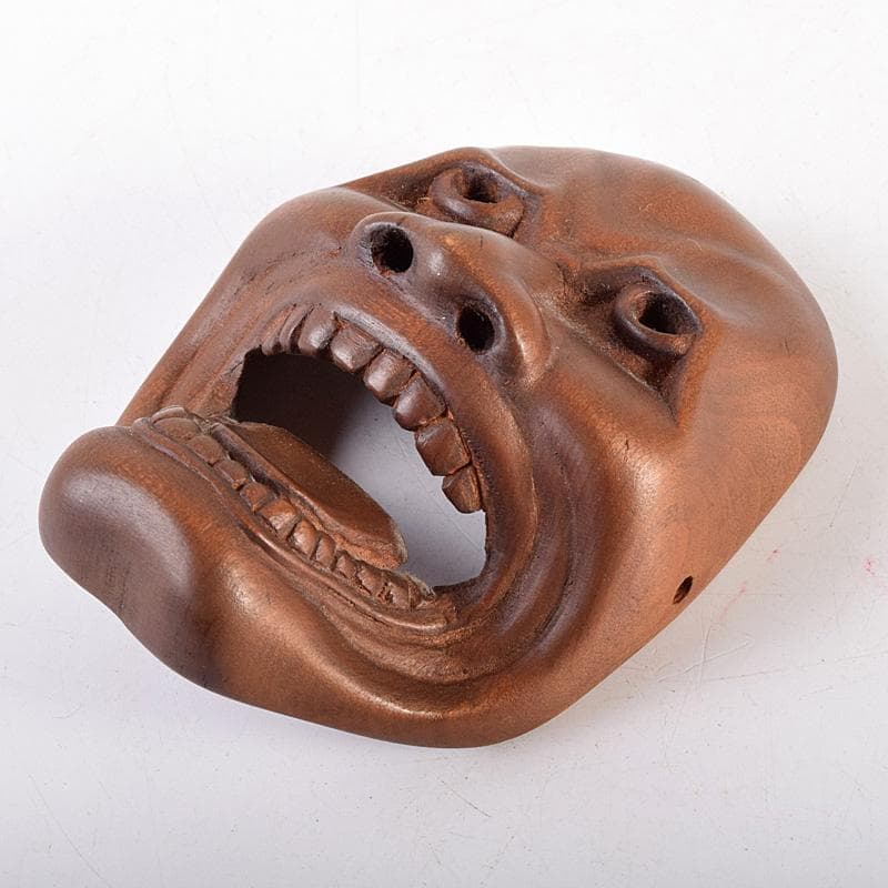 時代提げ物　有田作　能面　能楽　雅楽　木彫　面根付　時代箱付　M　R7872