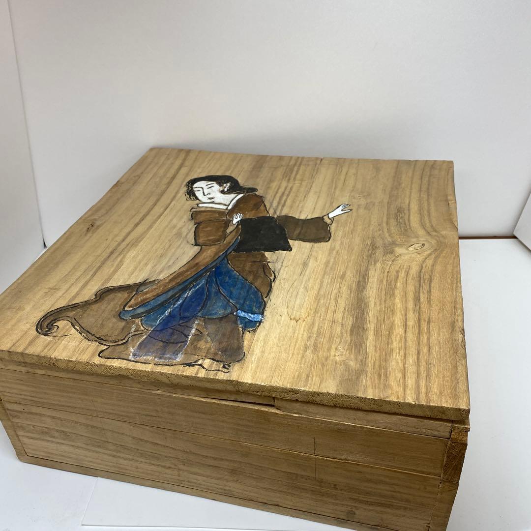 古伊万里　染錦　染付大皿4枚　美人画木箱付　タニコ　東さ7-0626⑥