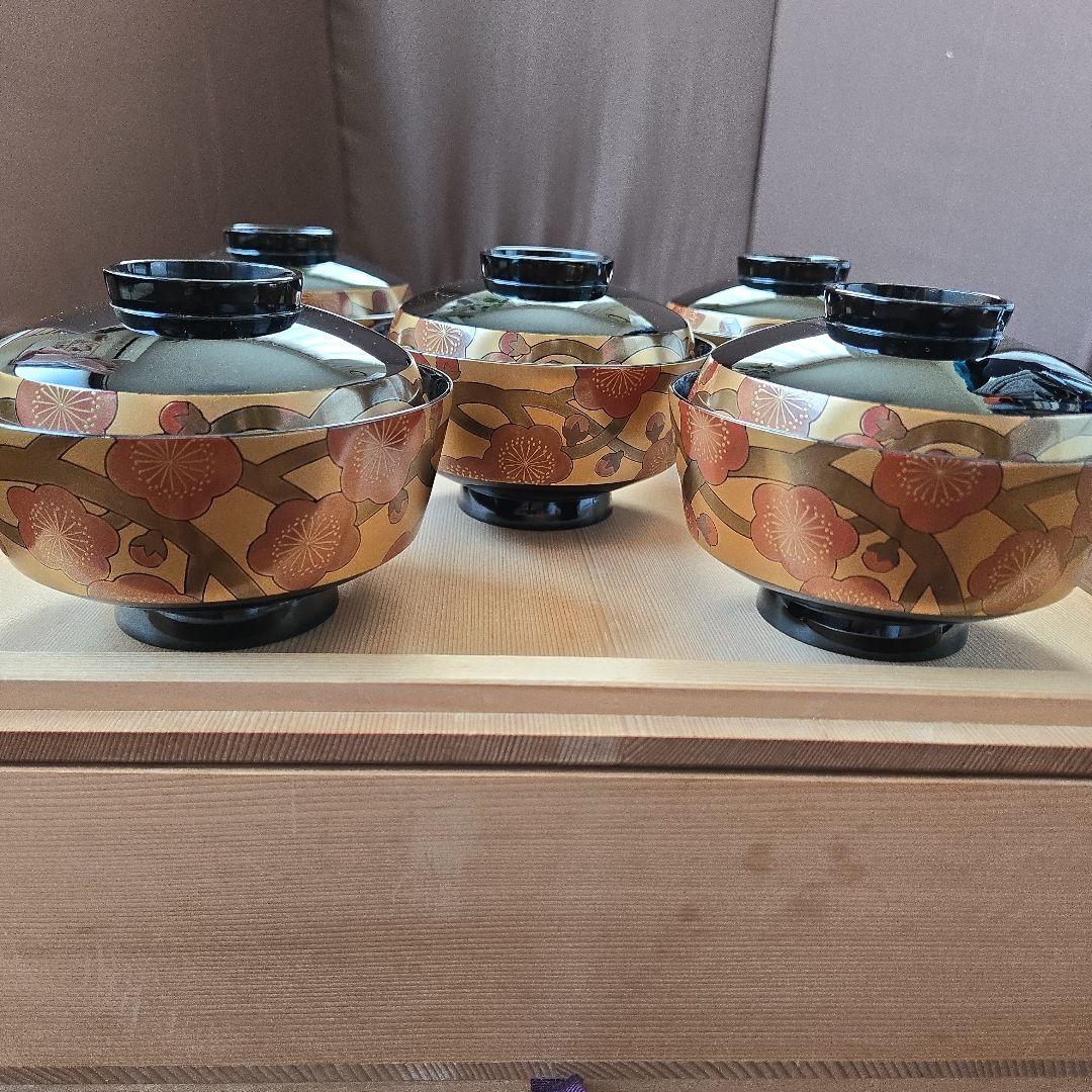 伝統工芸 輪島塗漆器 豪華梅柄蒔絵 吸い物椀 5客セット