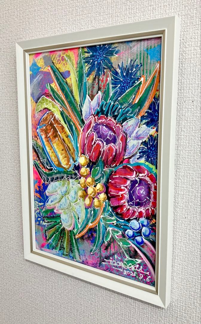 原画　花　額付き　静物画　絵画　アクリル画　現代アート　手描き　一点物
