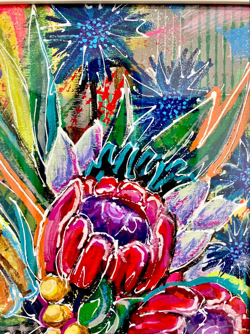 原画　花　額付き　静物画　絵画　アクリル画　現代アート　手描き　一点物