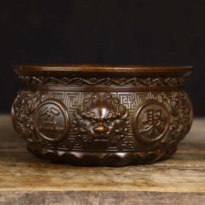 銅器 蘇工 獅耳聚宝盆 香炉 聚財預金壺 工芸品 美術品 置物