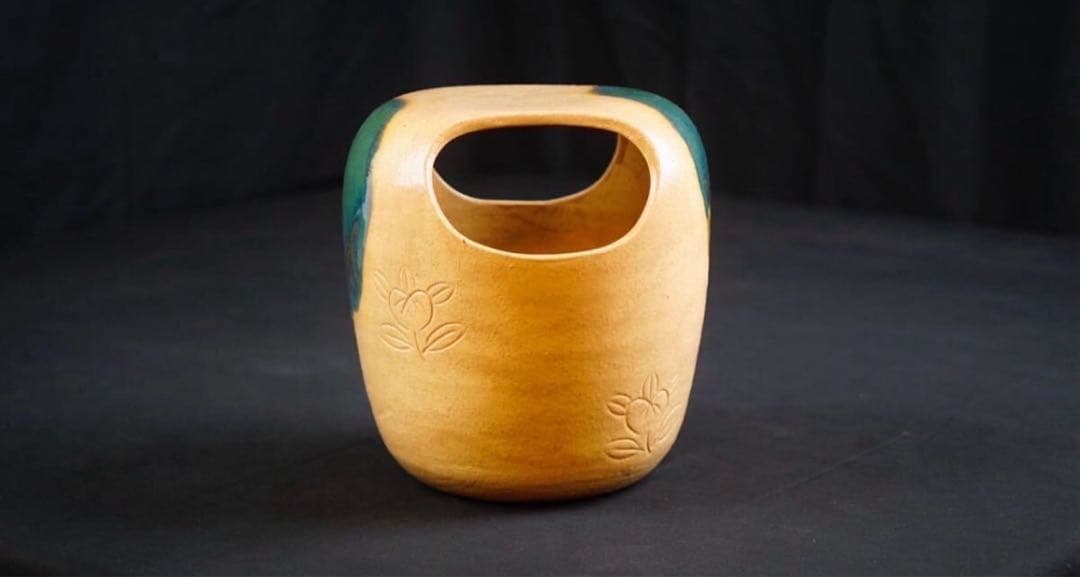 平安萬珠堂 造 黄瀬戸 花模様 手桶 一対 共箱 栞付 茶道具