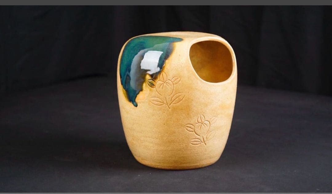 平安萬珠堂 造 黄瀬戸 花模様 手桶 一対 共箱 栞付 茶道具