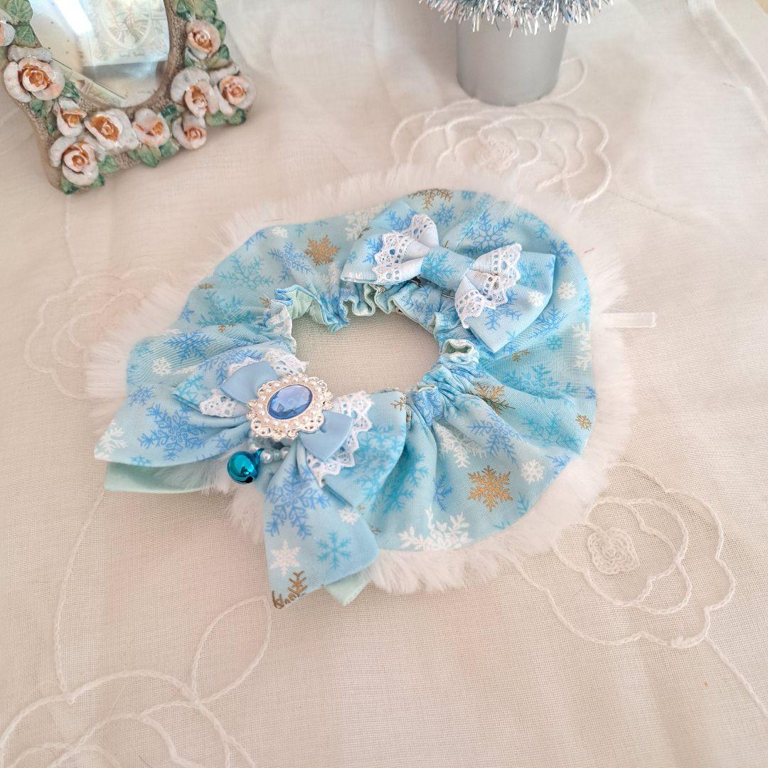 プッチ、幅広シュシュ、スノーフレーク(淡ブルー)わんちゃん猫ちゃん用