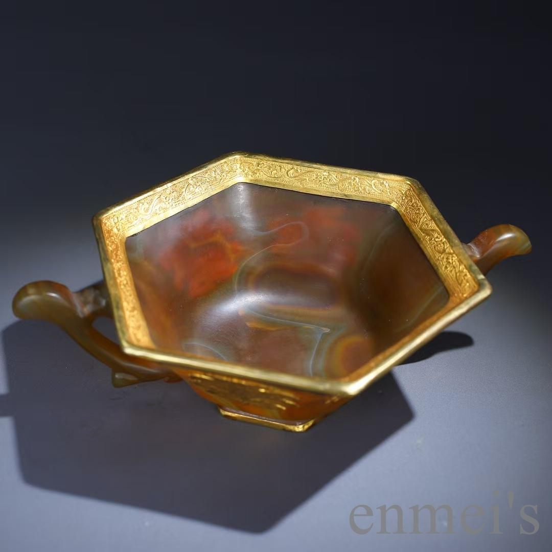 中国古美術 天然瑪瑙嵌 銅製菓子碗 供物器 描金 茶道具 古置物 古賞物 古擺件