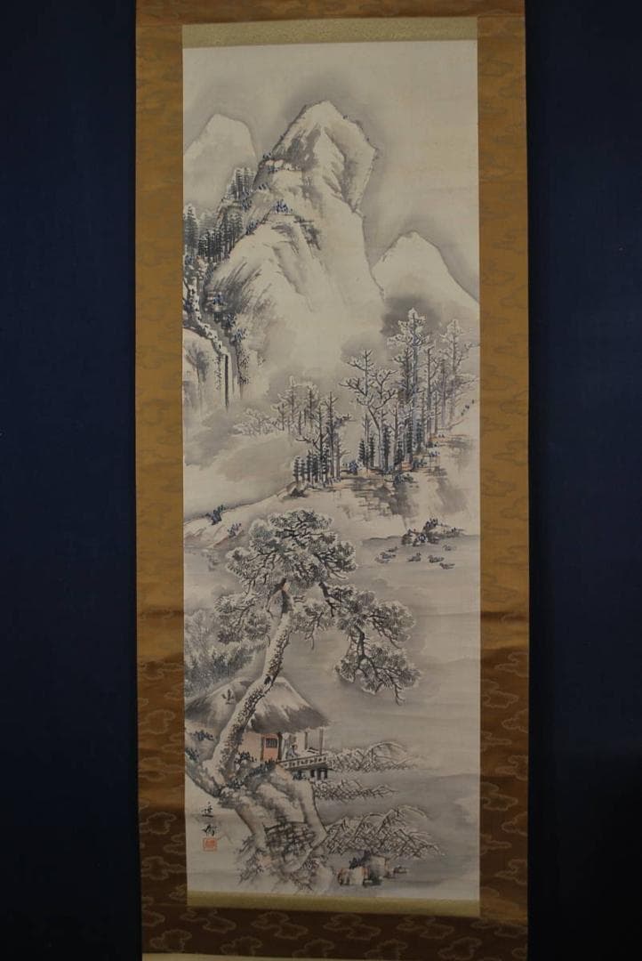 【真作】作者不詳/雪景観池図/掛軸☆宝船☆R‐112　JM