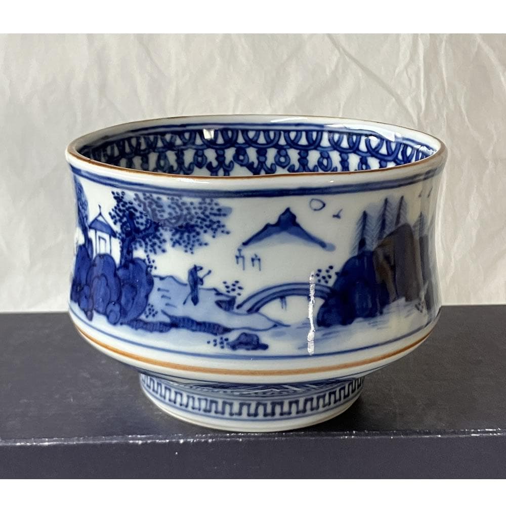 F1435 平安 秀峰 祥瑞 山水画茶碗 共箱 抹茶碗 茶道具