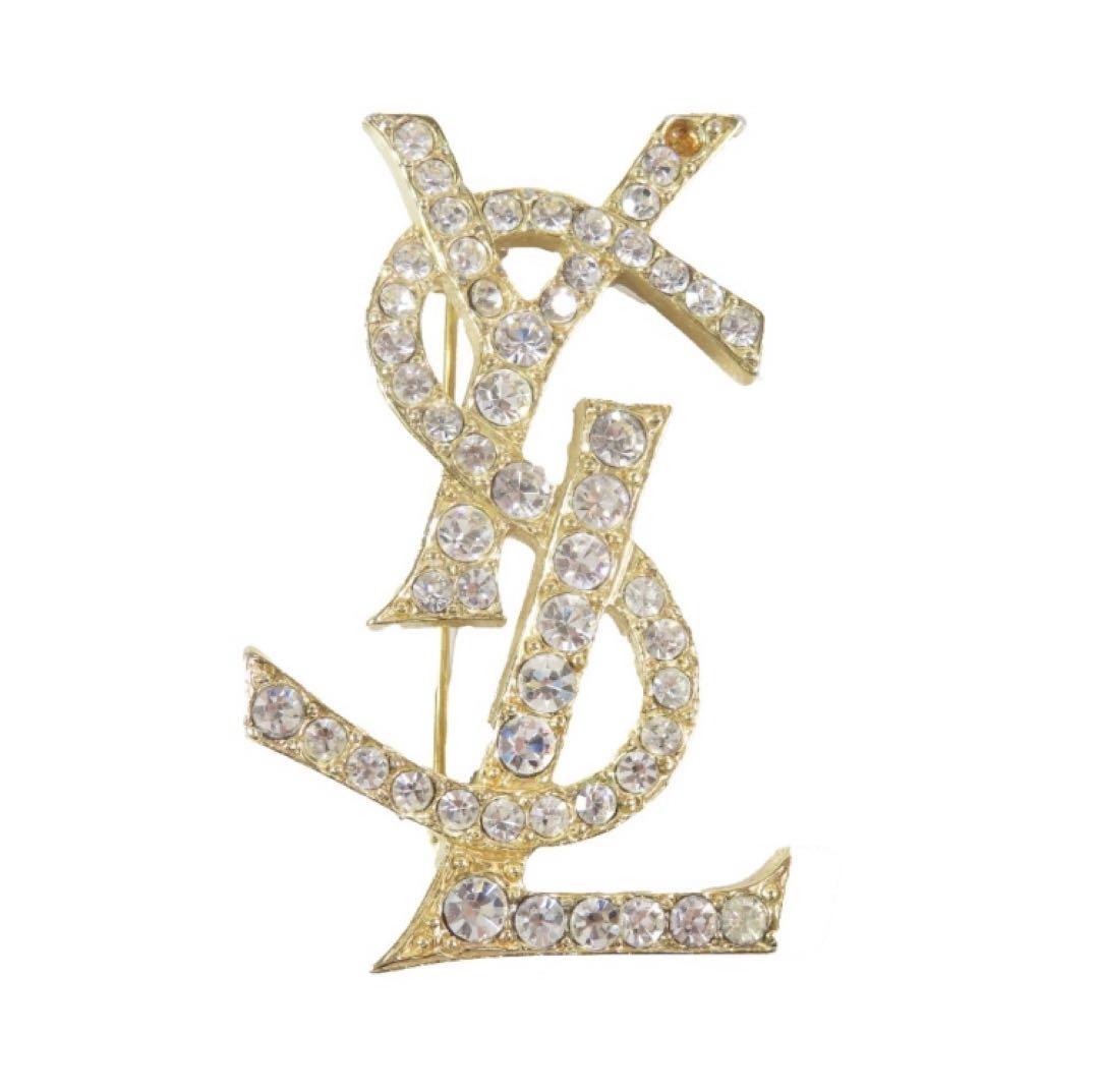 【正規品】美品 YSL ゴールドブローチ クリスタル装飾
