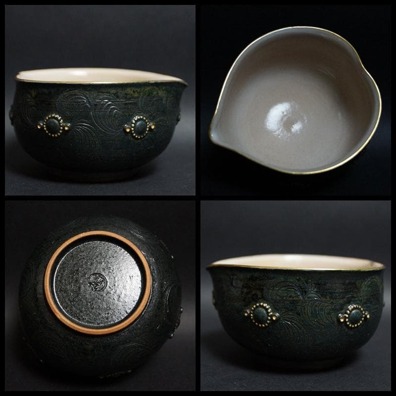 現代陶芸作家 宮里絵美造金彩鉄釉『瓔珞文』宝瓶 湯冷まし煎茶碗(五客) 化粧箱付