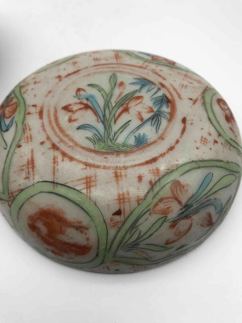 明時代　紅綠彩祥瑞蓮池花卉文　五彩印泥合子　香盒　香合　茶道具(C-37)