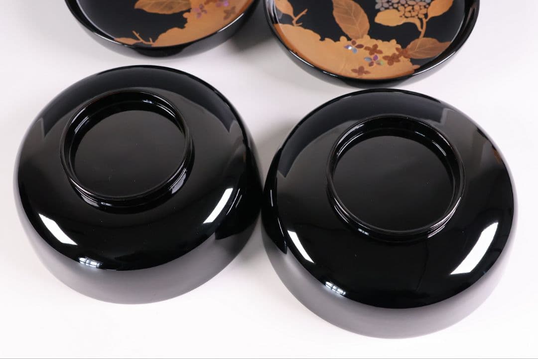 【MB188】天然木漆塗 紫陽花と葵 金蒔絵 螺鈿入 黒塗 煮物椀 二客 昭和期