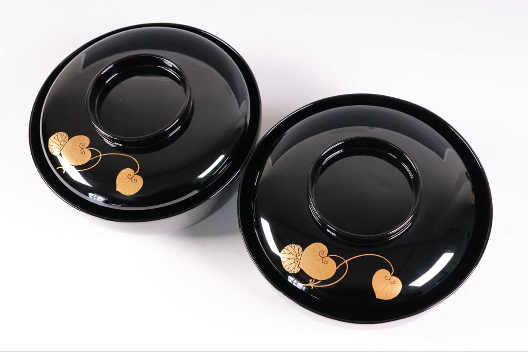 【MB188】天然木漆塗 紫陽花と葵 金蒔絵 螺鈿入 黒塗 煮物椀 二客 昭和期