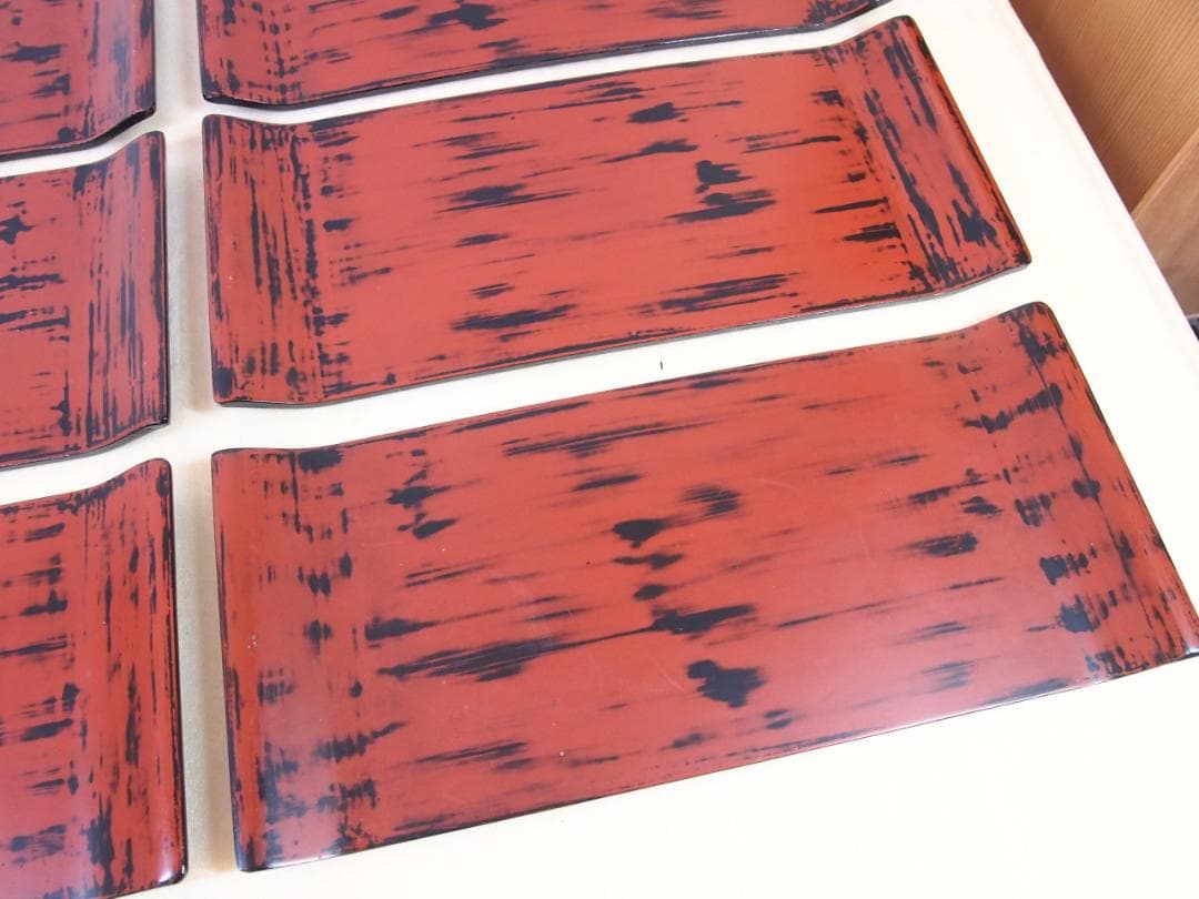 【良品】根来塗 金剛堅地請合 味のある角盆 6客 角皿/卓上膳/酒膳 漆器トレイ