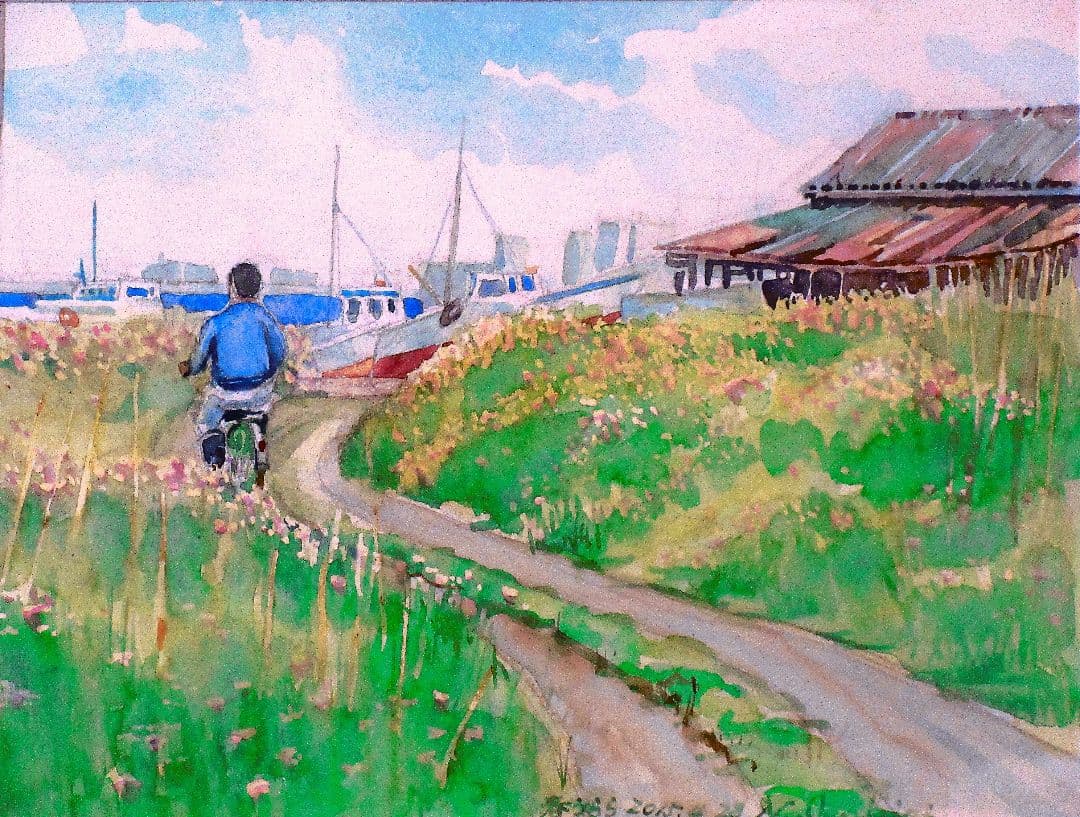 水彩画：自転車と風景 2006年作
