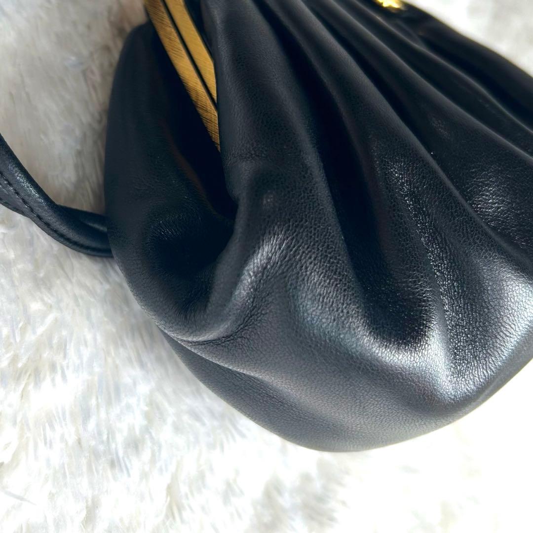 【美品】ハマノ ハンドバッグ サンピエトロ がま口 ビジュー ブラック　レザー