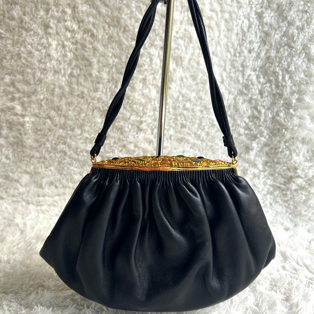 【美品】ハマノ ハンドバッグ サンピエトロ がま口 ビジュー ブラック　レザー