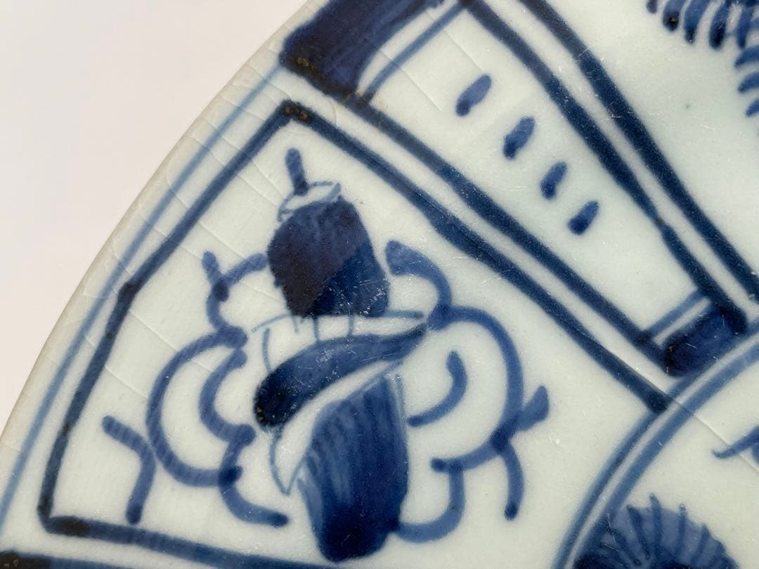 骨董　アンティーク　古伊万里　染付　芙蓉手　飛蝗図　七寸皿　箱付き　渦福