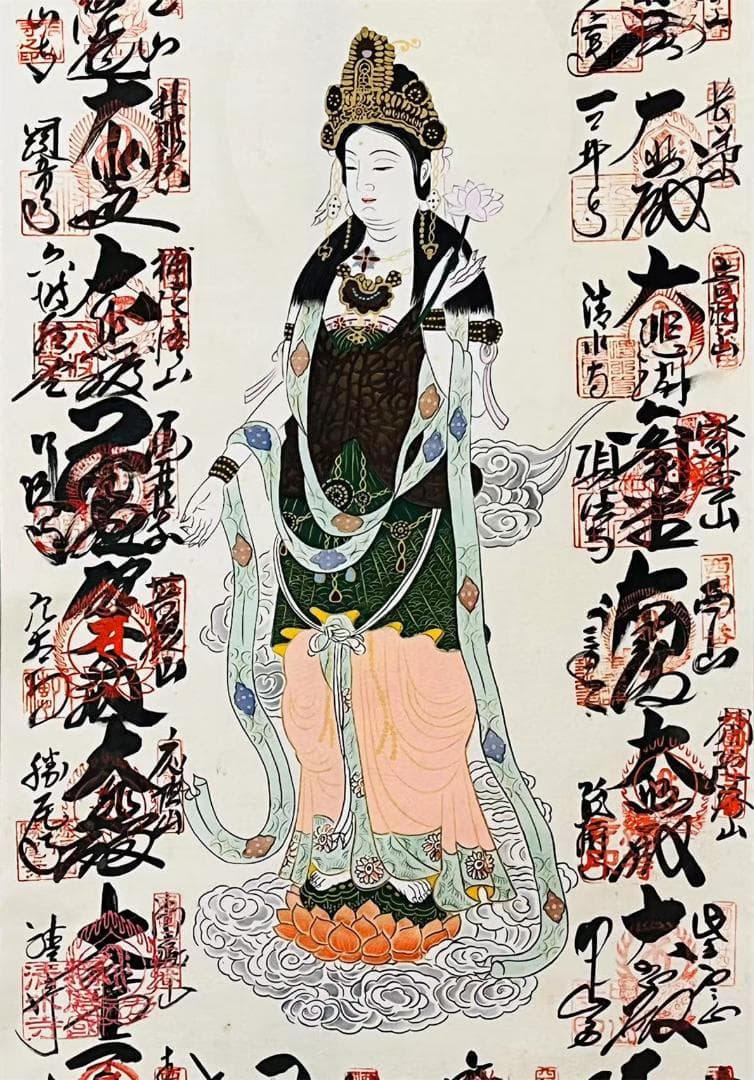 掛軸『西国三十三ヶ所観音霊場御朱印』仏画 絹本 無地箱付 掛け軸 k511710