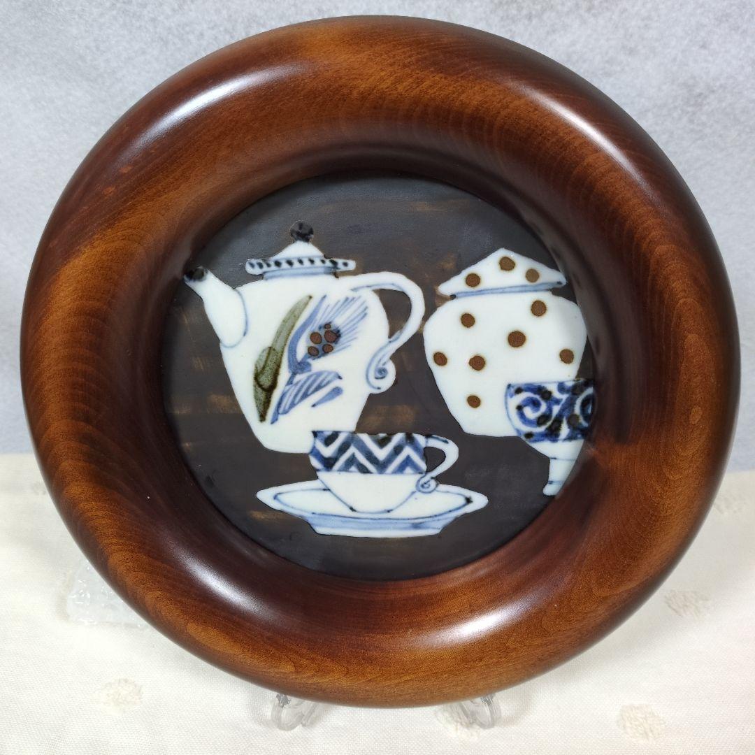 ★レア　艸茅窯　川野恭和　木工額　民藝磁器　皿　染付