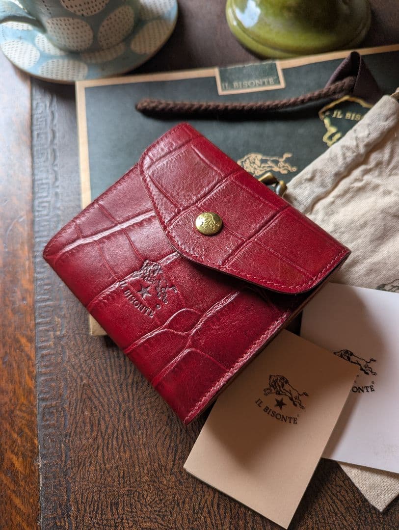 イルビゾンテ がま口【ボルドー×ヌメ】クロコ型押 バイカラー 美品 希少 男女兼
