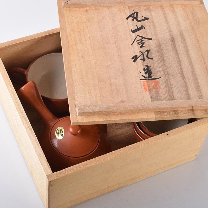 煎茶道具　佐渡無名異焼　丸山金水造　朱泥　茶器揃　共箱　M　R7931